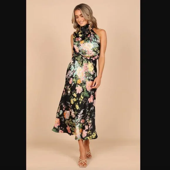 Petal & Pup Anabelle Black Floral Satin Halter High Neck Midi Dress XL - Picture 7 of 11